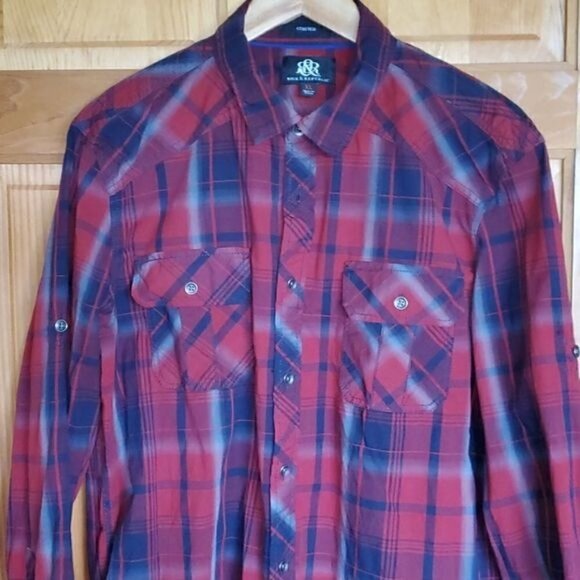 Rock & Republic Stretch Red Plaid Casual Button Down Sz XL Shirt w Pockets - Picture 2 of 11